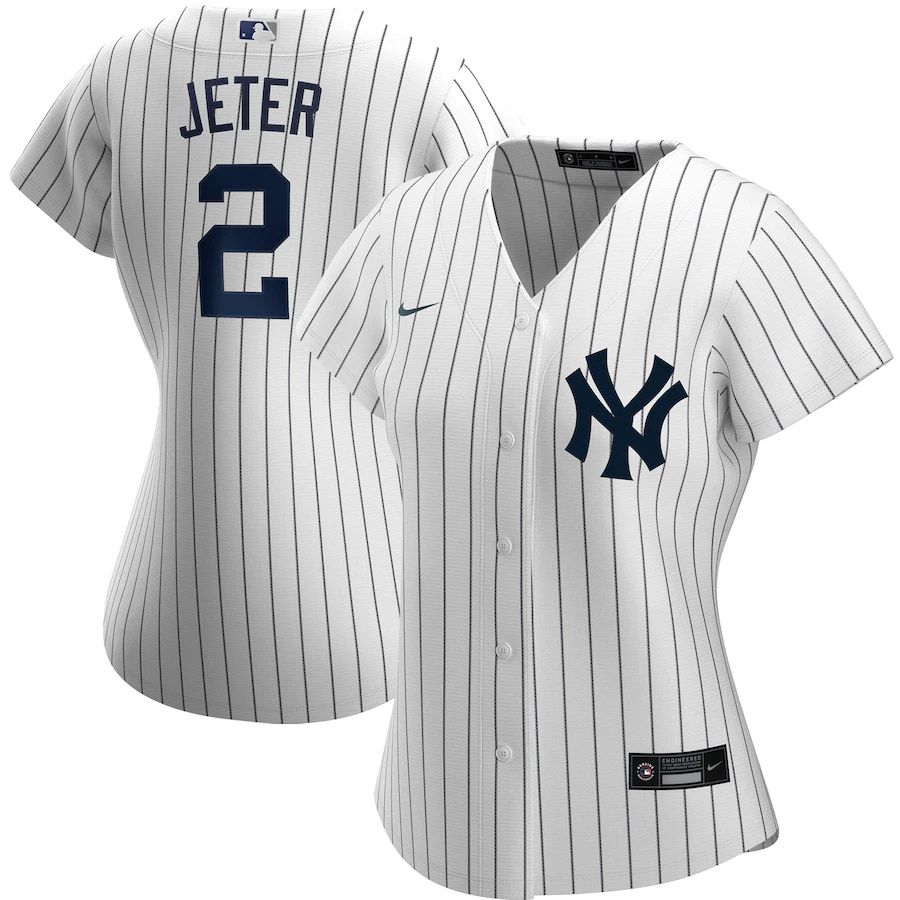 Womens New York Yankees #2 Derek Jeter Nike White Navy Home Replica Player Name MLB Jerseys